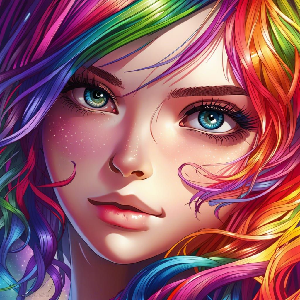 Anime Woman with Rainbow Hair and Eyes