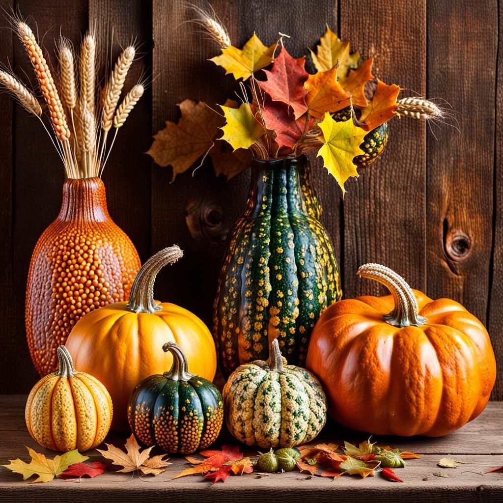 Autumn Harvest Still Life with Colorful Gourds
