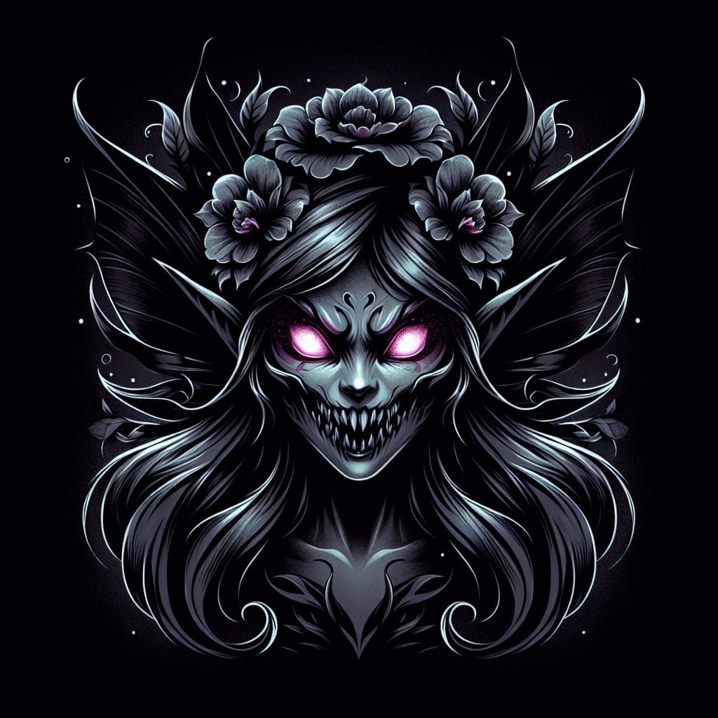 Beautiful ethereal dark demonic fairy with shining eyes and ...