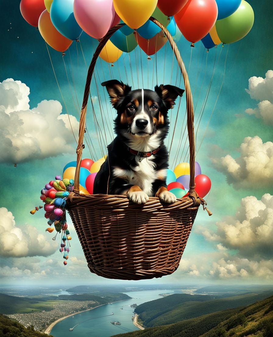 Surrealistic Dog in a Balloon Basket Soars in the Heavenly S...