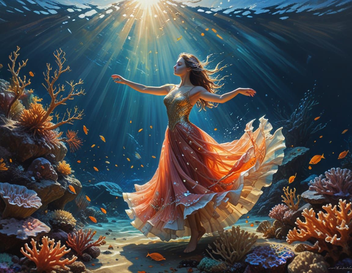 Woman Dancing in Sunlit Coral Reef Oil Painting