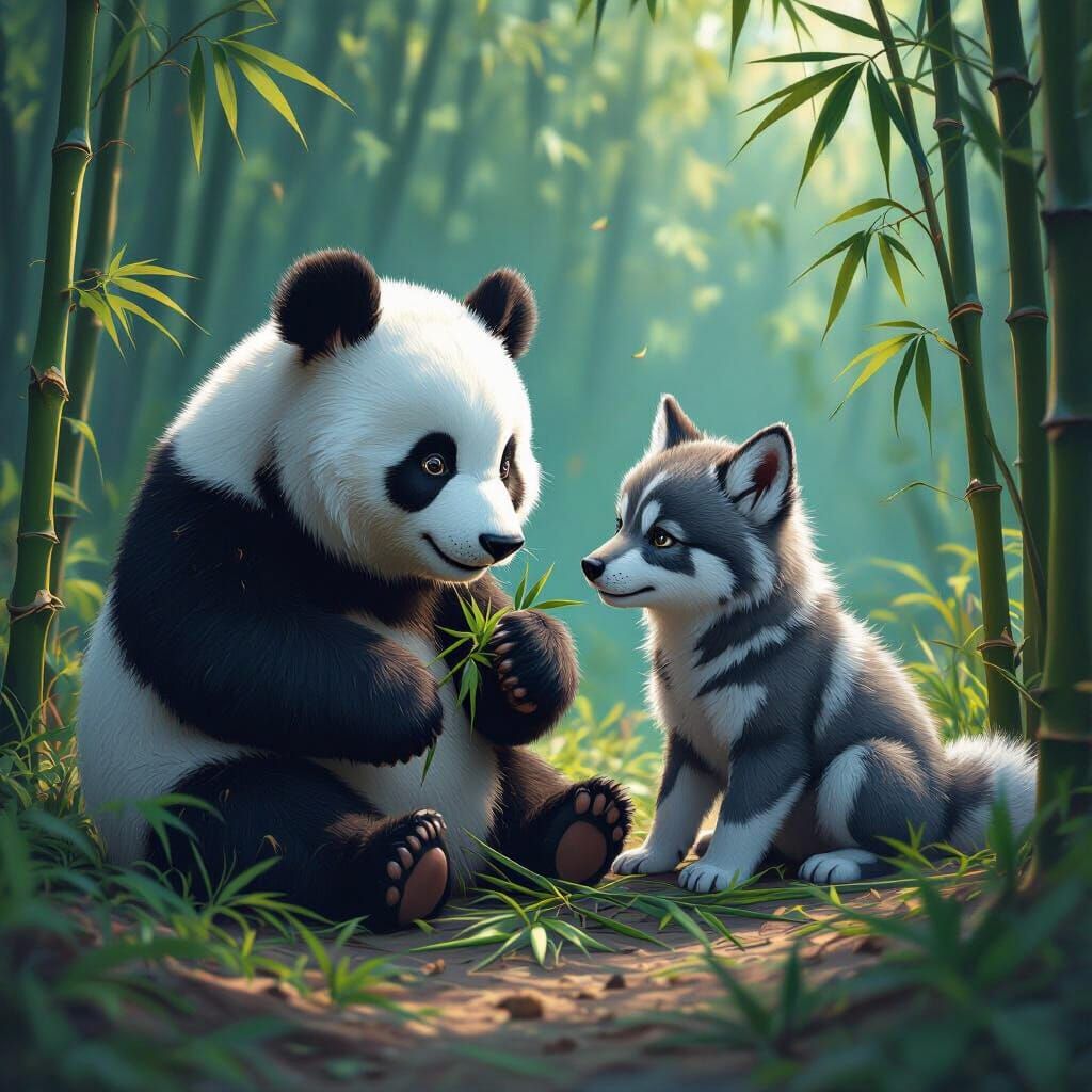 Panda and Wolf Cub Play in Detailed Matte Painting