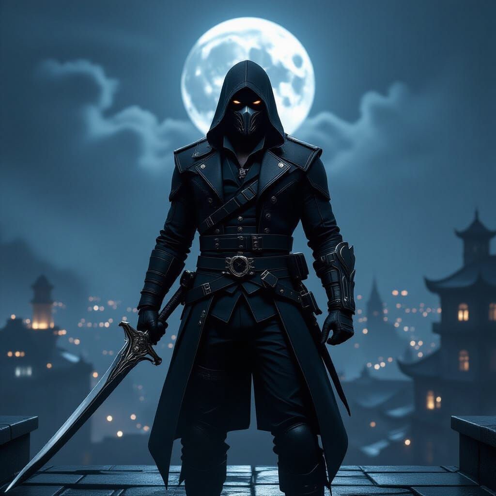 Assassin on Rooftop in Steampunk Cityscape