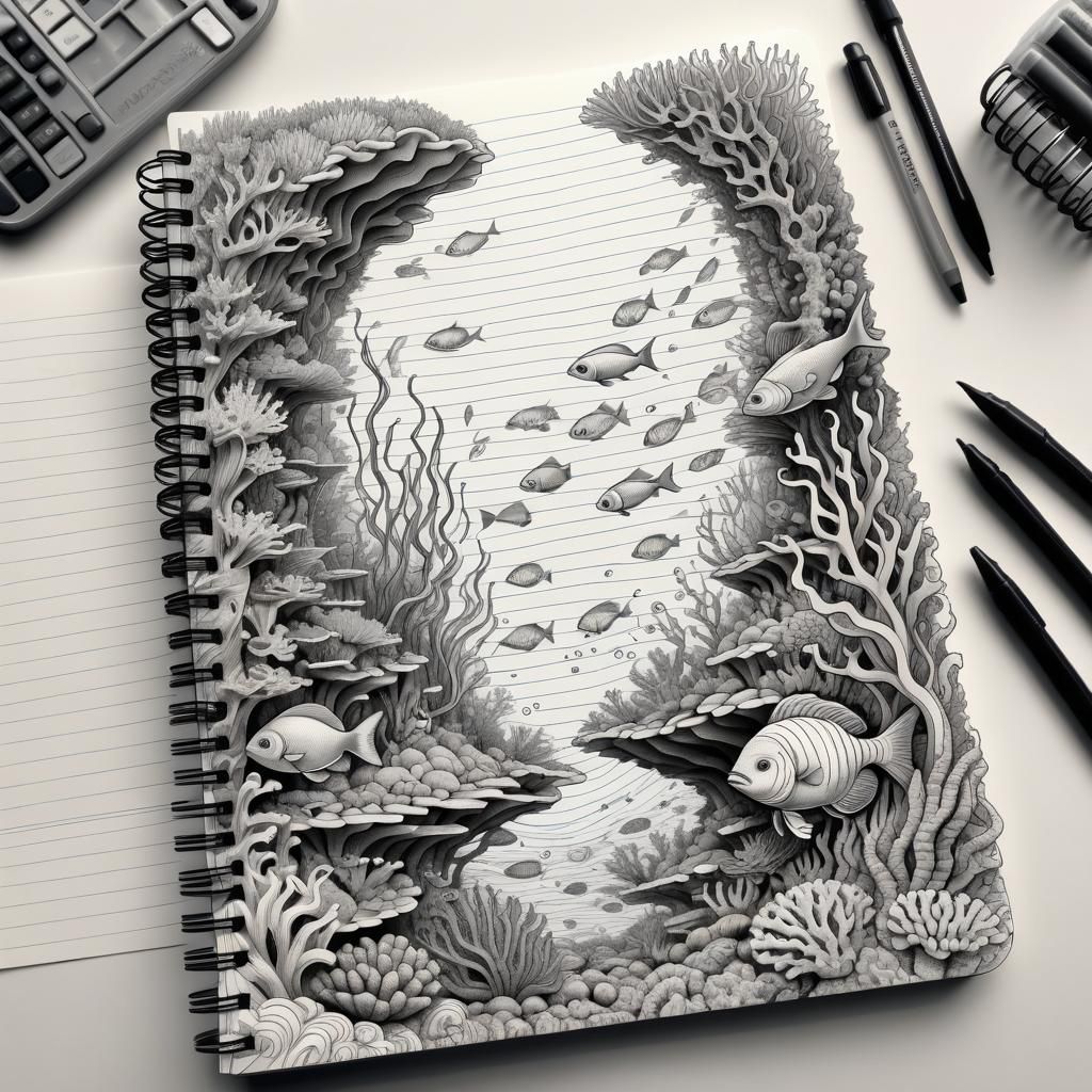 Detailed Reef Doodle Art on Notebook Paper
