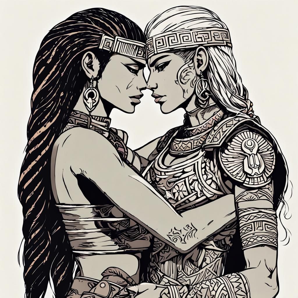 Aztec Warriors' Intimate Embrace in Hyperrealistic Style