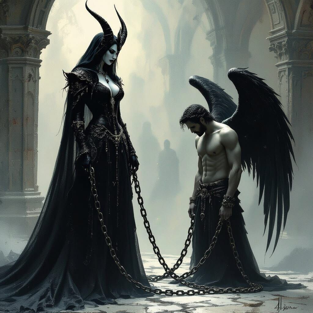 Lilith Oversees Chained Angel in Haunting Mystical Style