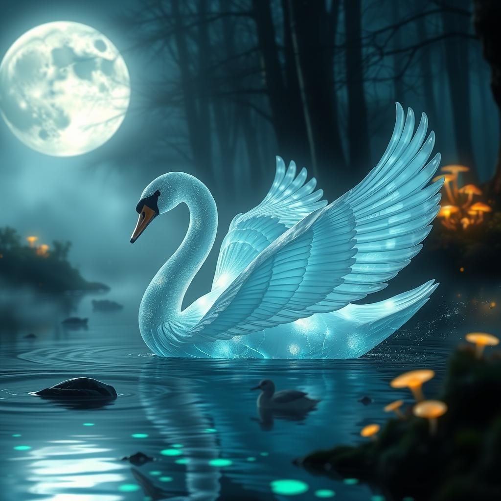 Luminescent Fiber Swan in Bioluminescent Forest