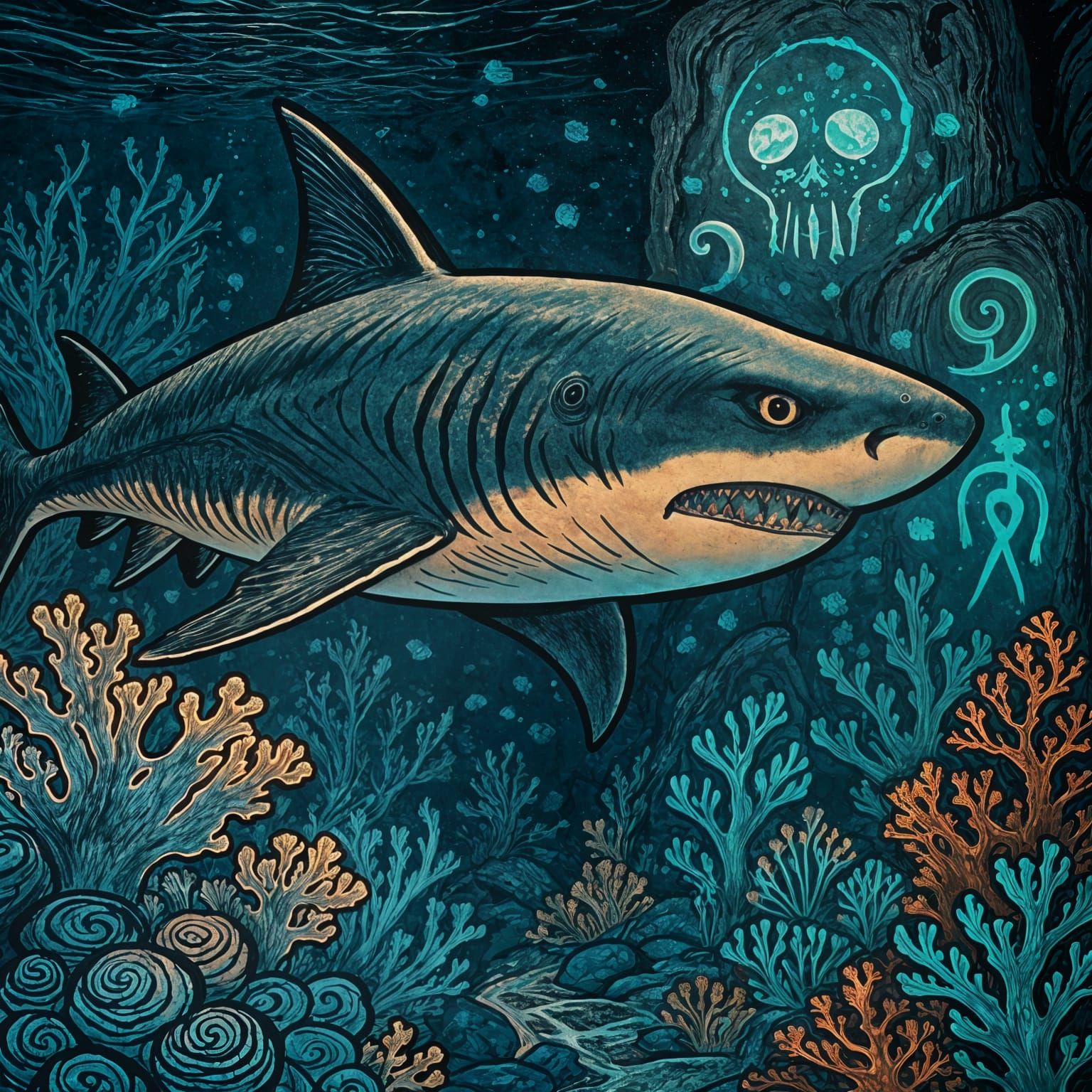 Great White Shark in Ukiyo-e Style