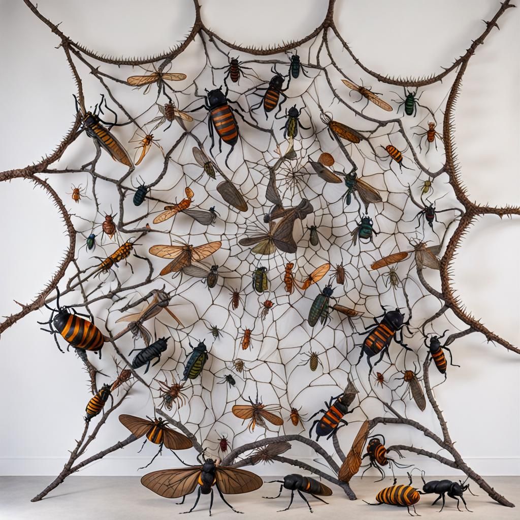 Fabric Sculpture of Insects in Spiral Web