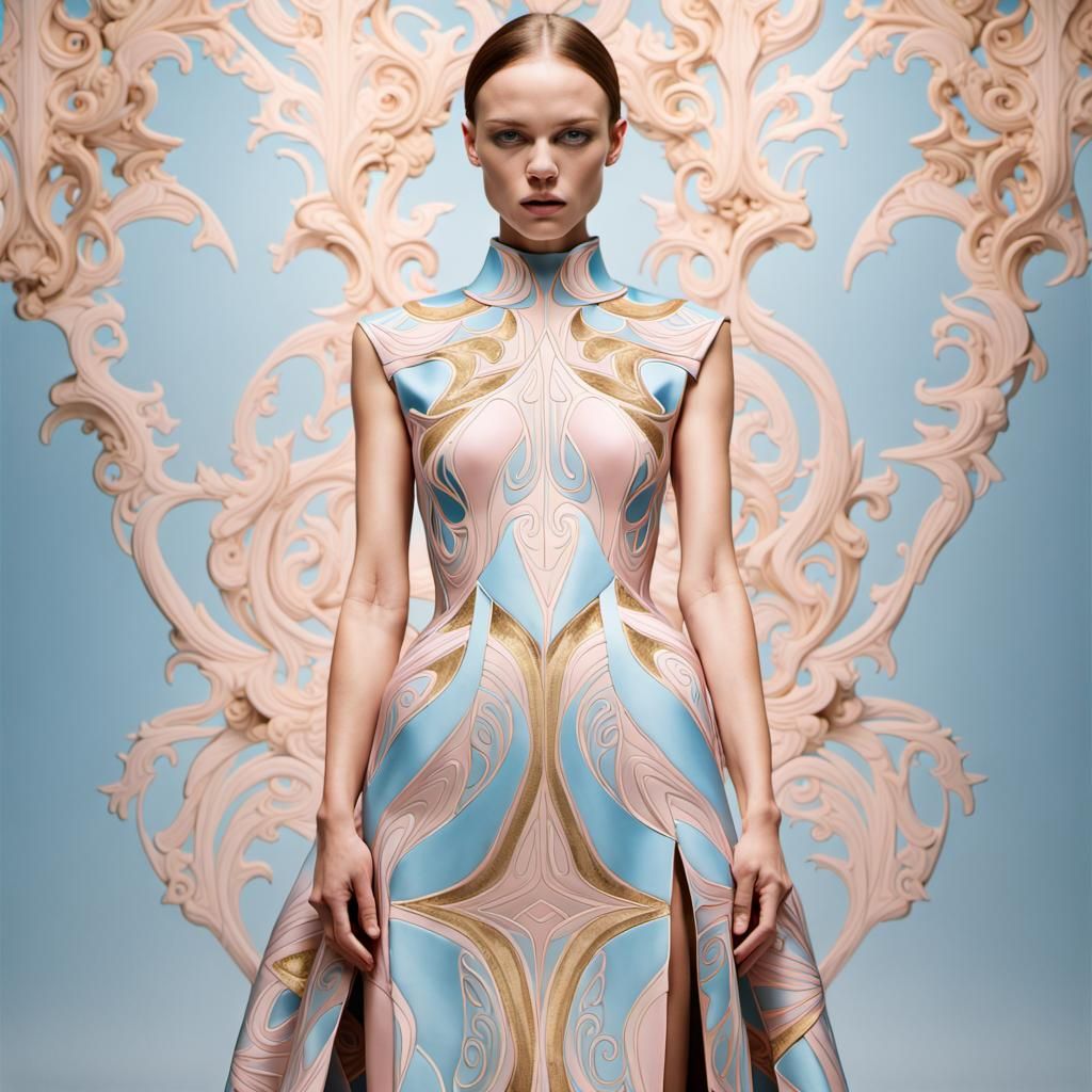 Golden Woman in Abstract Dress, Photorealistic Style