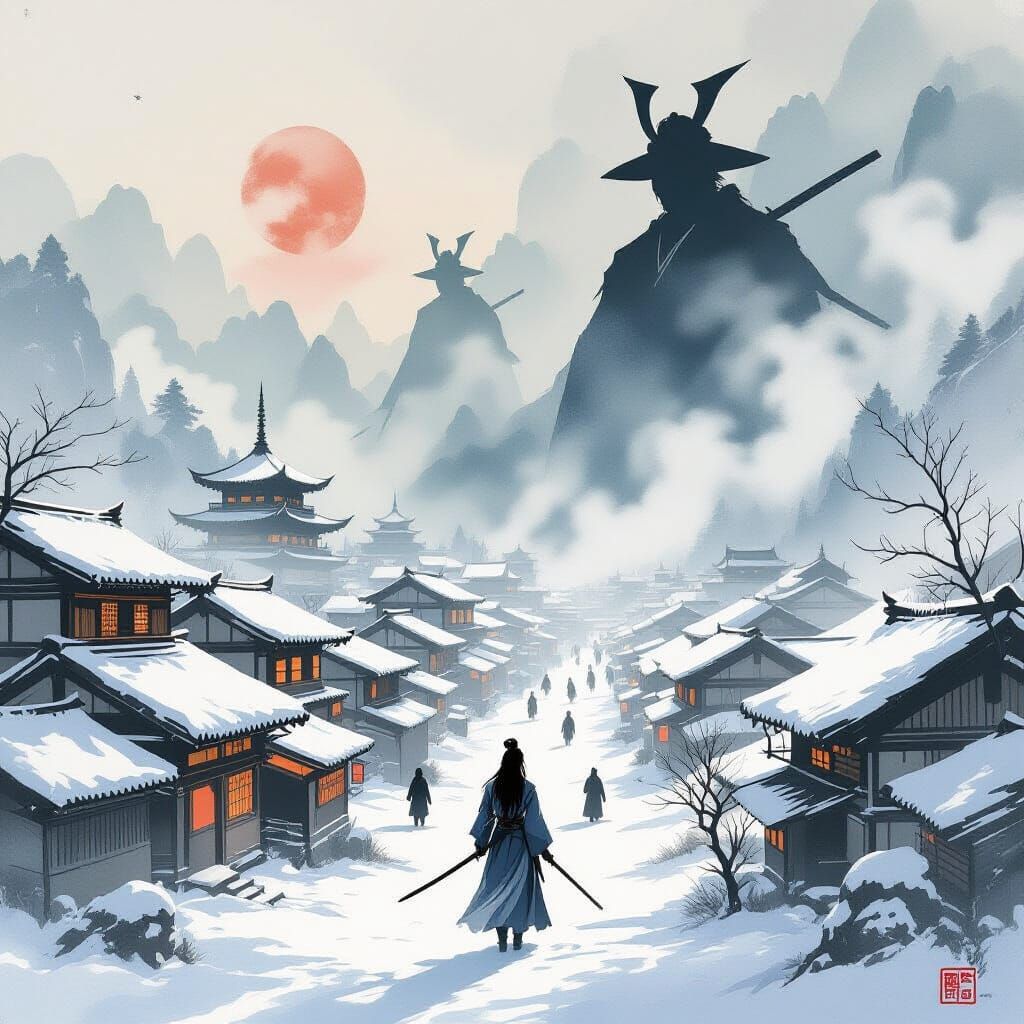 Winter Village Scene with Samurai in Watercolor Style