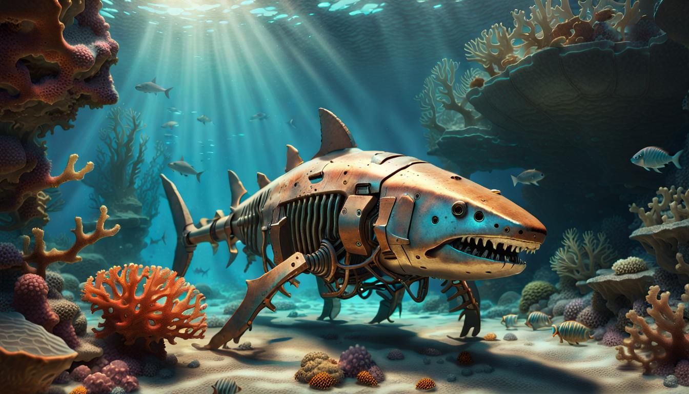 Robot Shark on the Eocene Seafloor, Hyper-Realistic Art