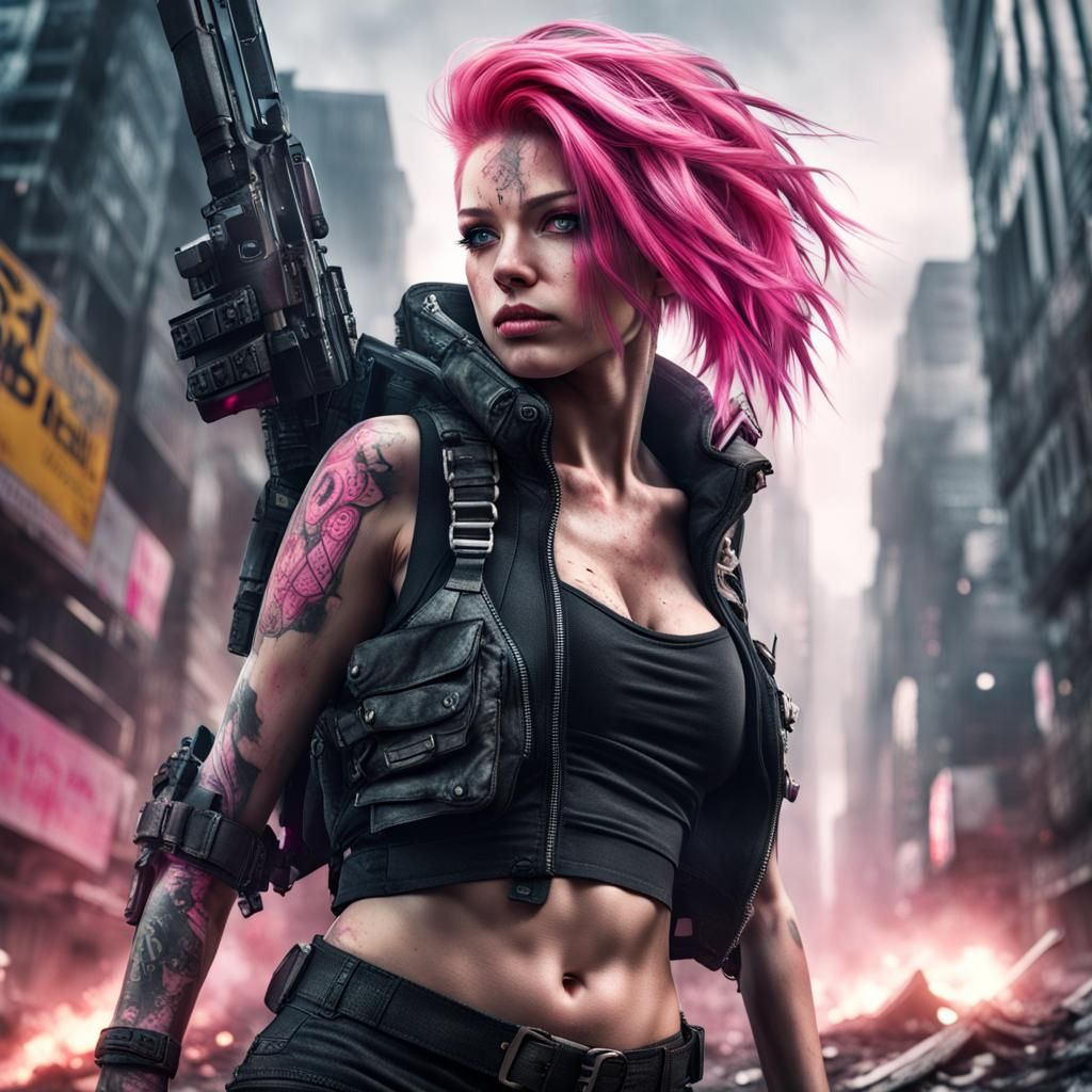 Cyberpunk Warrior Babe in Destroyed Cityscape