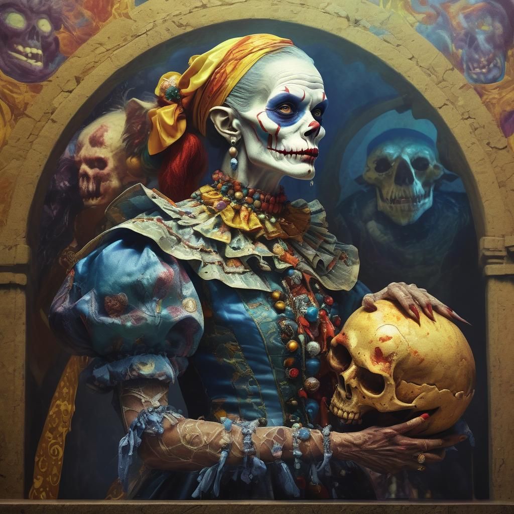 Zombie Monkey Clown Woman with Skull: Digital Portrait