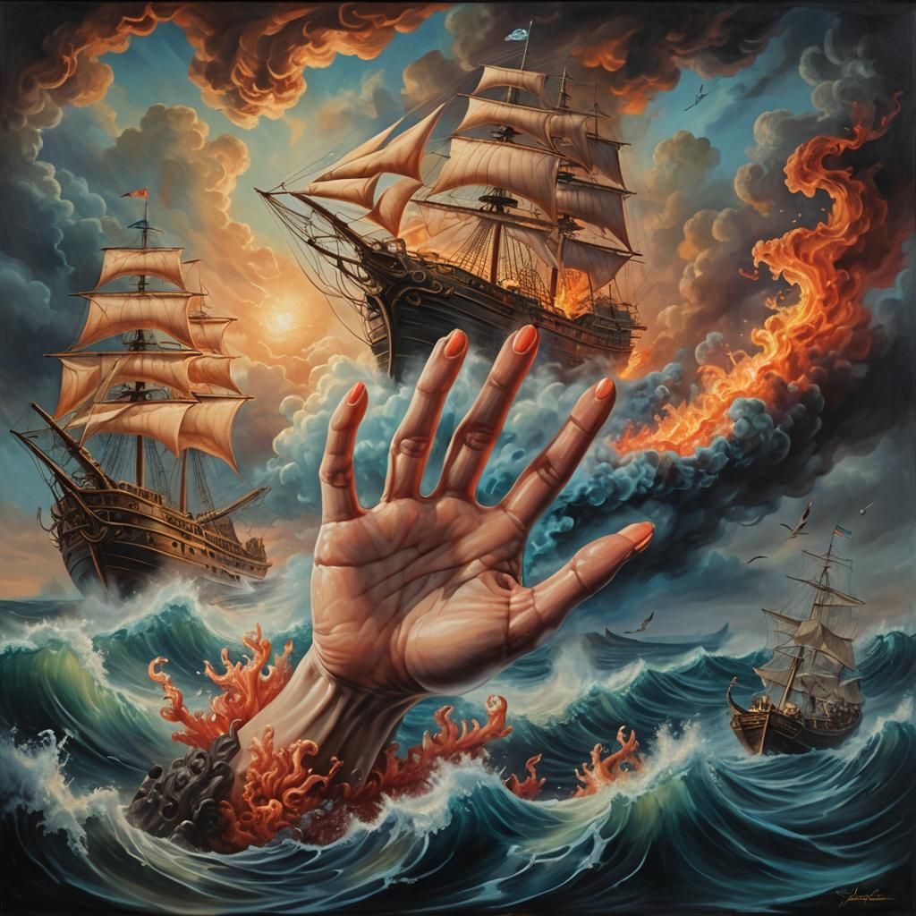 Ghostly Hand Emerges from Sea, Holding Ship