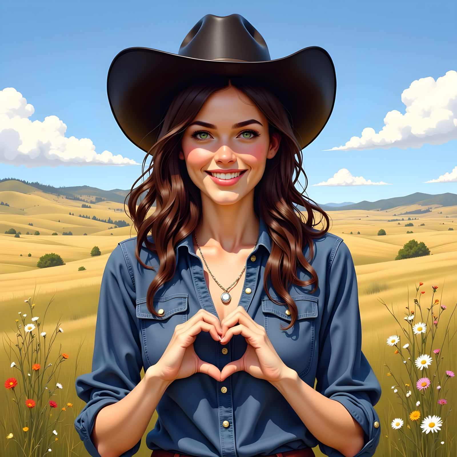 Woman in Cowboy Hat Makes Heart Gesture in Wild Serenity Lan...