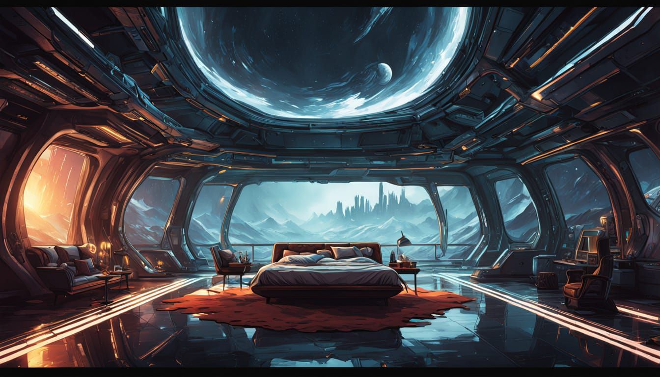 Luxurious Space Station Love Nest with Serene Cat and Starry...