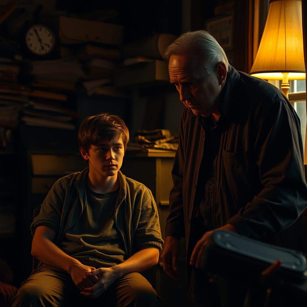 Young Adult Confronts Authority in a Tense, Dimly Lit Room