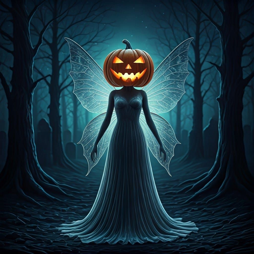 Glass Fairy with Jack-o'-Lantern Head in Graveyard