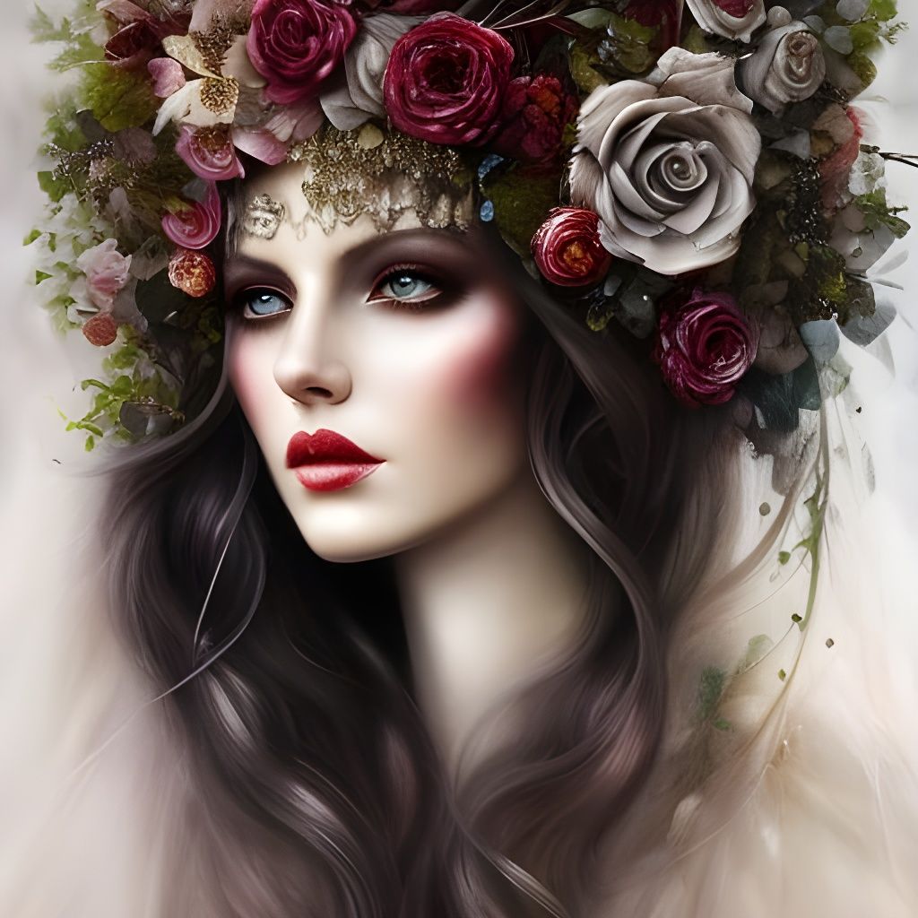 Gothic Bride in Forest with Sunrays: Mixed Media