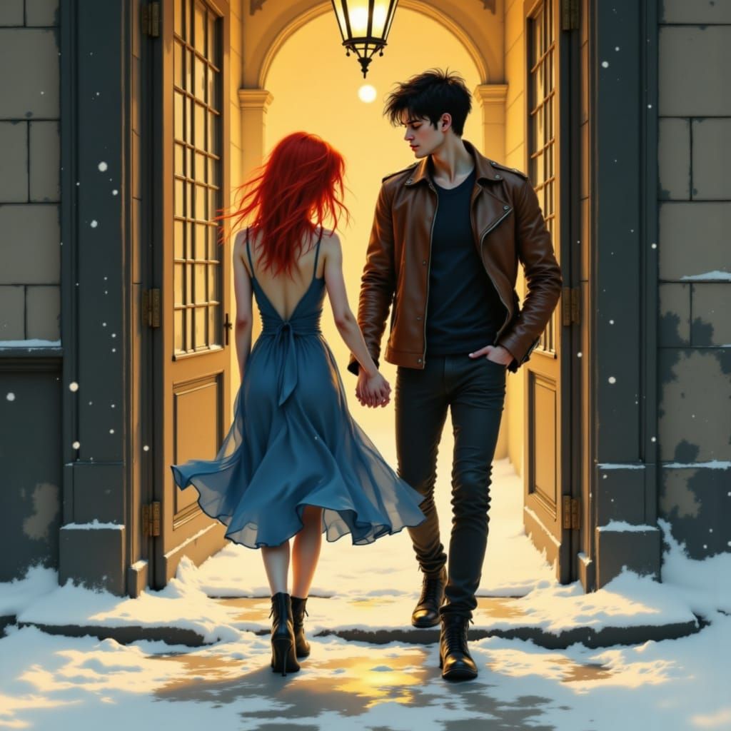 Young Couple Enters Warmth Under Soft Lantern Lighting