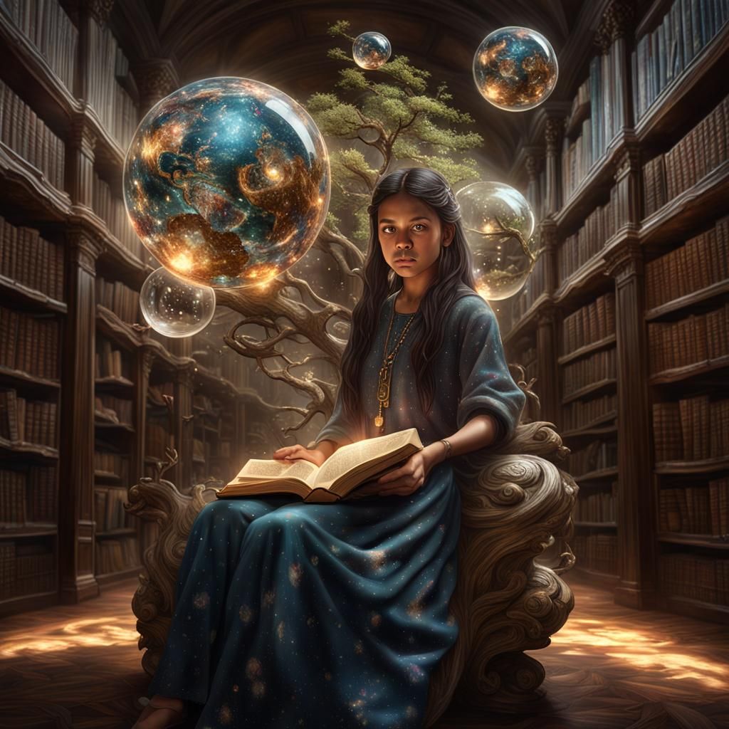 Mystical Library Girl in a Spiritual Universe