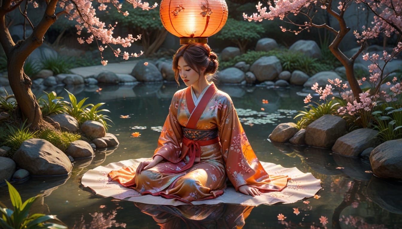 Art Nouveau Kimono Woman by Koi Pond