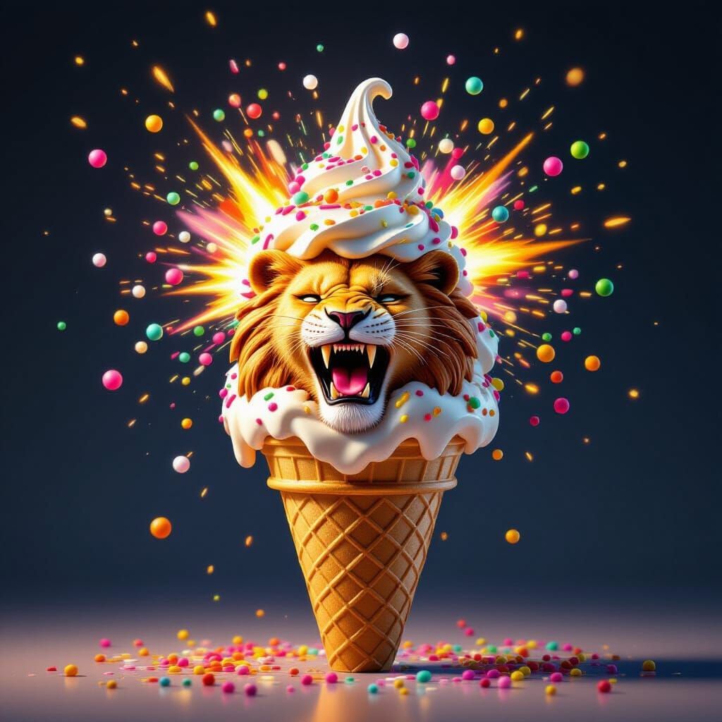 Exploding Lion Ice Cream Cone with Candy and Sprinkles