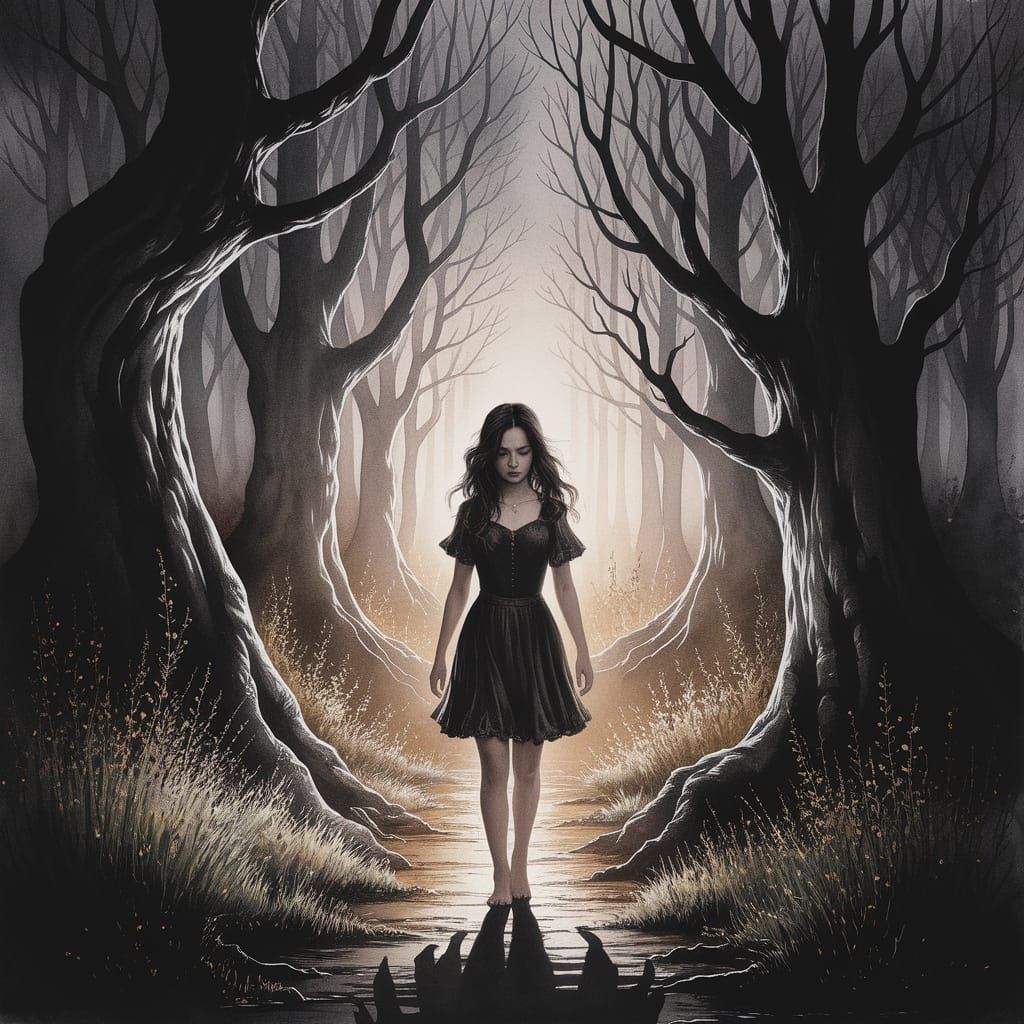 Woman Enters Enchanted Forest in Watercolour