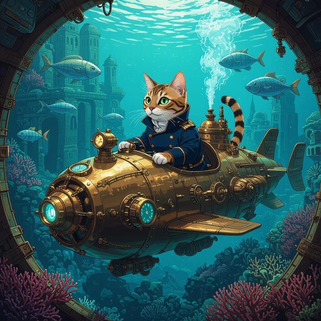 Bengal Cat Captain Navigates Clockwork Submarine