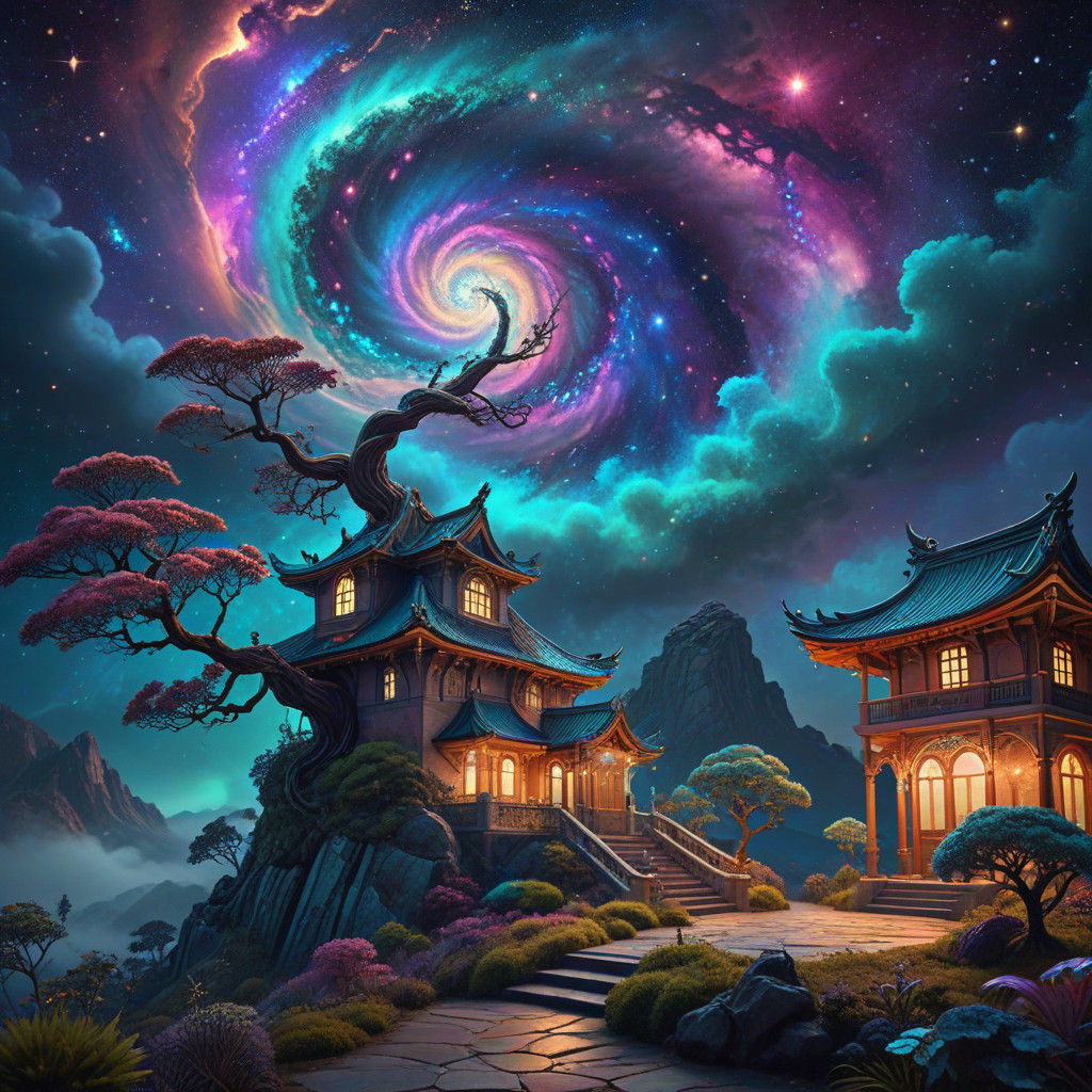 Ethereal Dreamscape with Ancient Bonsai and Celestial Wonder...