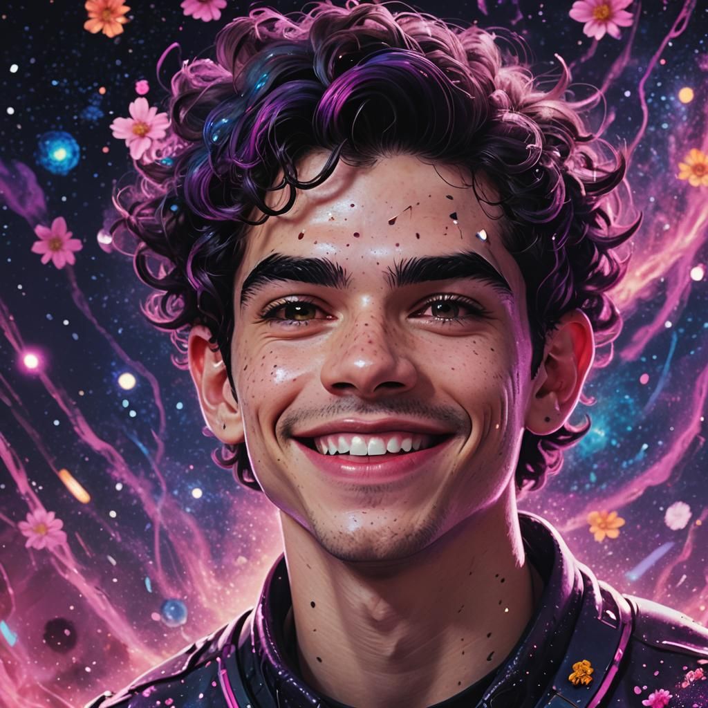 Galaxy Portrait with Neon Flowers in Cyberpunk Style