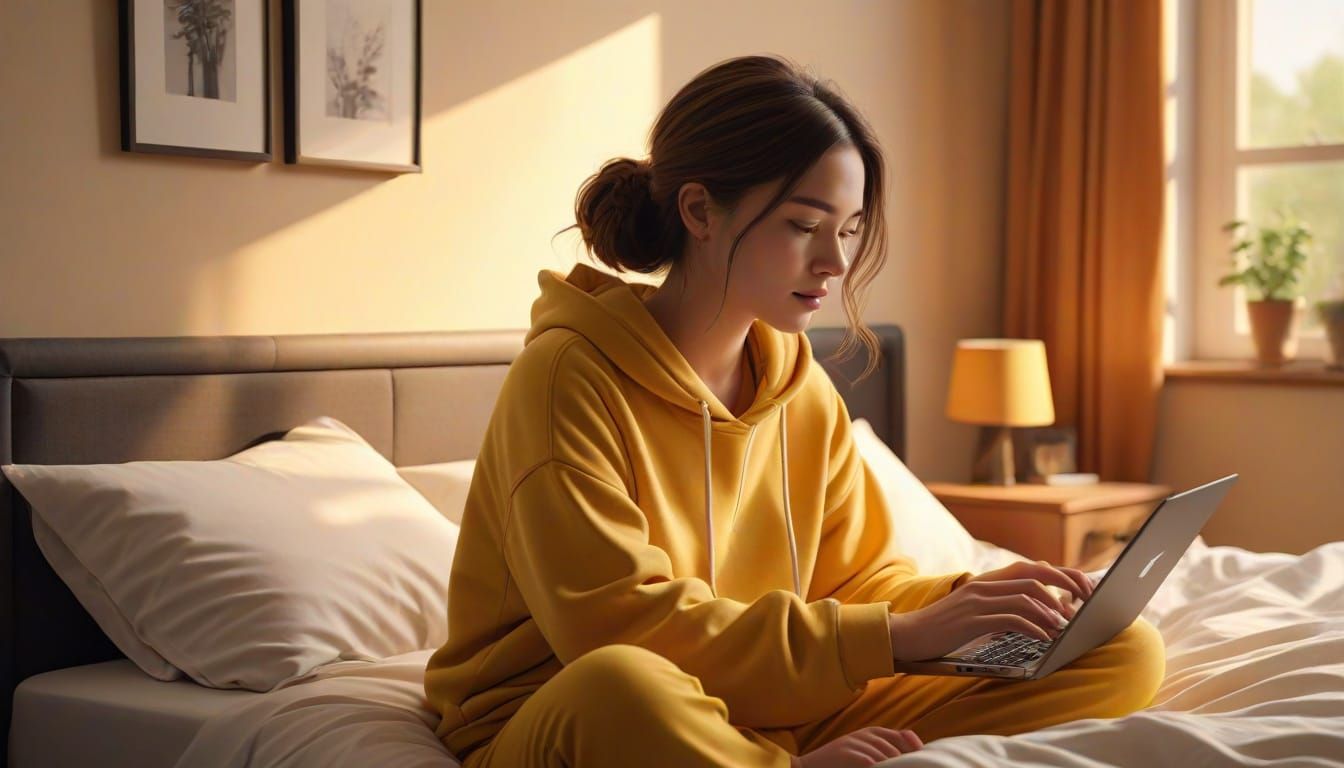 Cozy Woman in Golden Light, Laptop and Cluttered Bedside