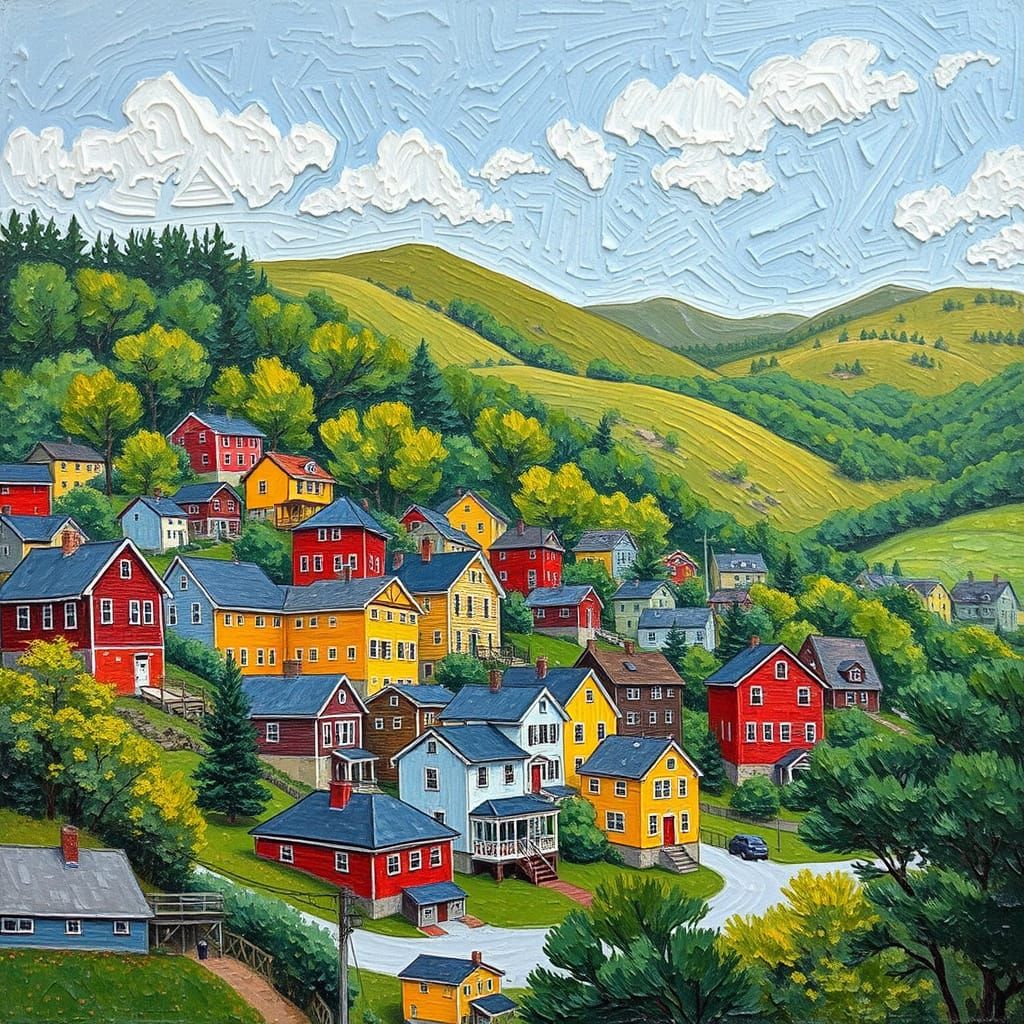 New England Village in Warm Oil Painting Style