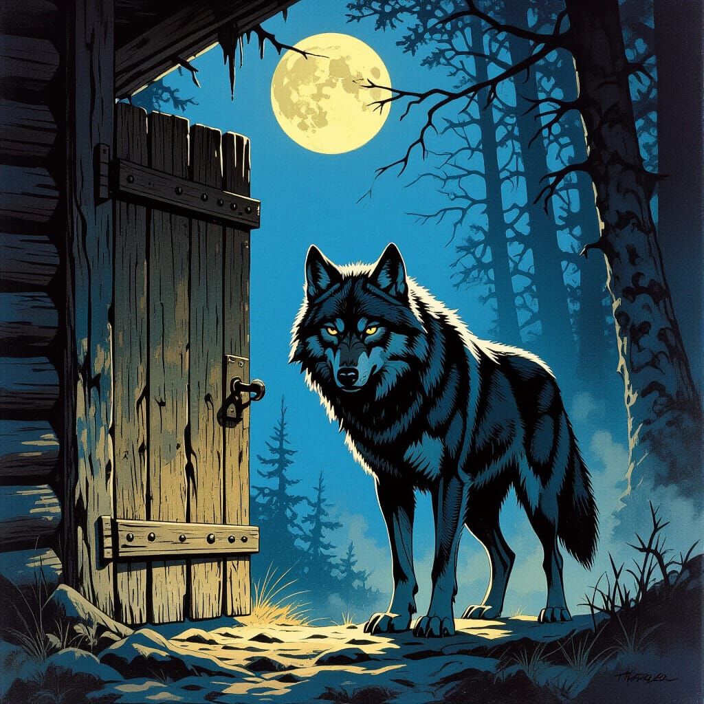 Menacing Wolf at Rustic Door, in Dark Fantasy Style