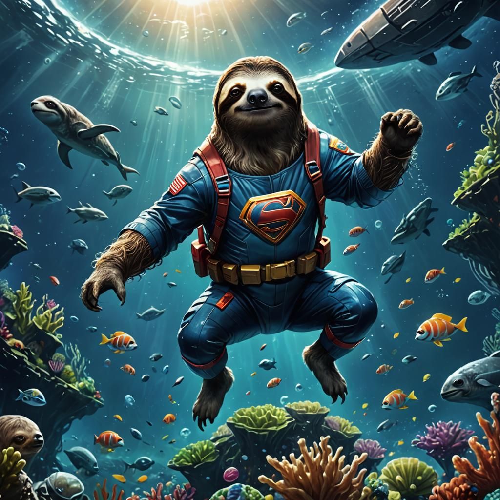 Sloth Superhero in Underwater Kingdom, Realistic Masterpiece