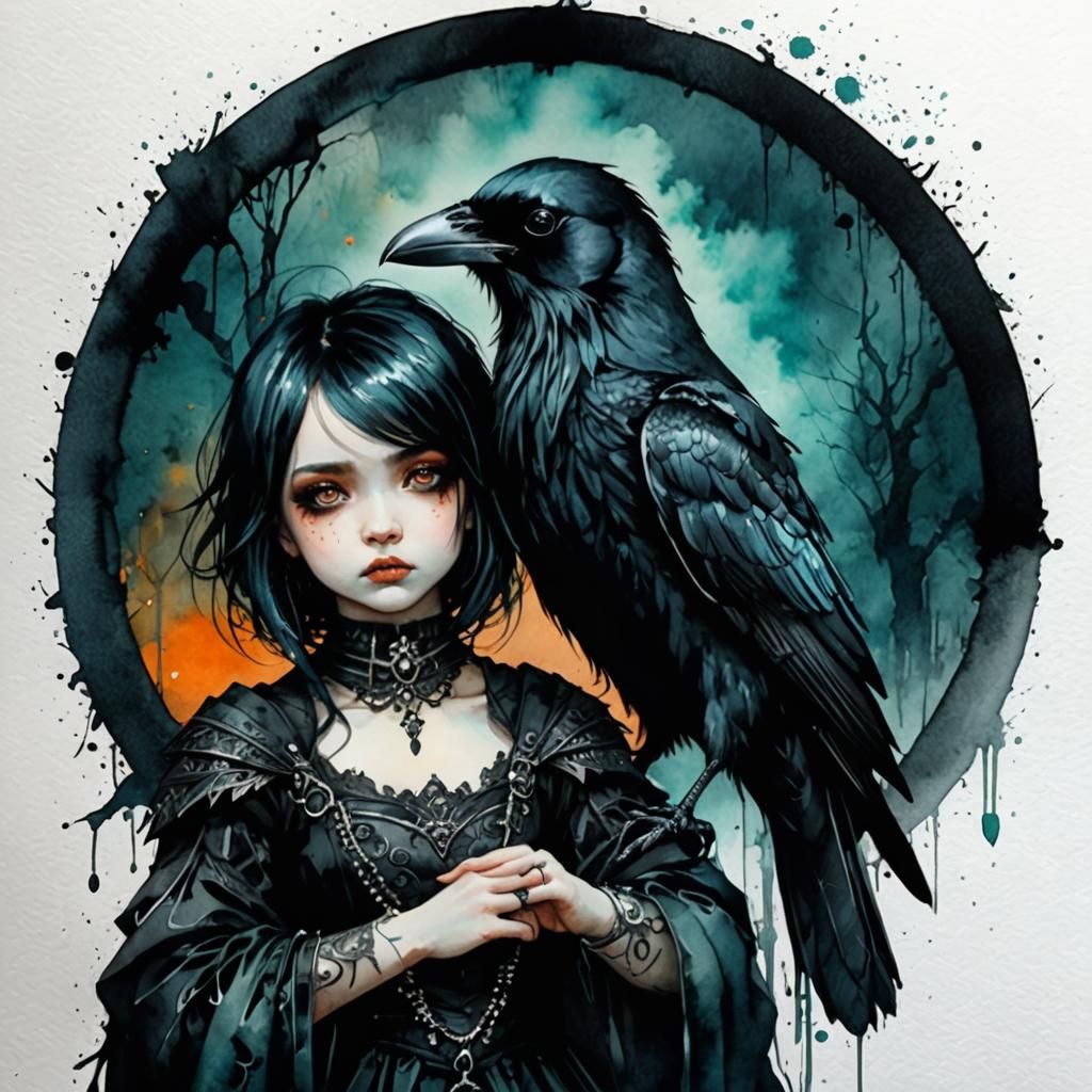 Whimsical Gothic Raven Art in Watercolor Style