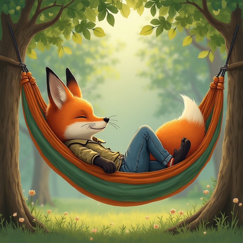 Relaxing Fox in Hammock, Whimsical Art Style