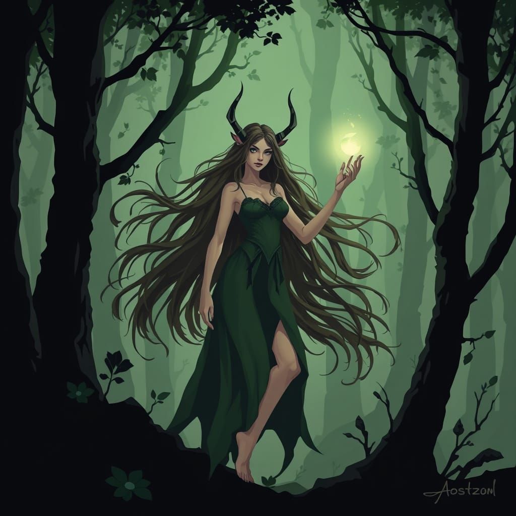 Forest Nymph Mavka with Flowing Hair in Green Dress