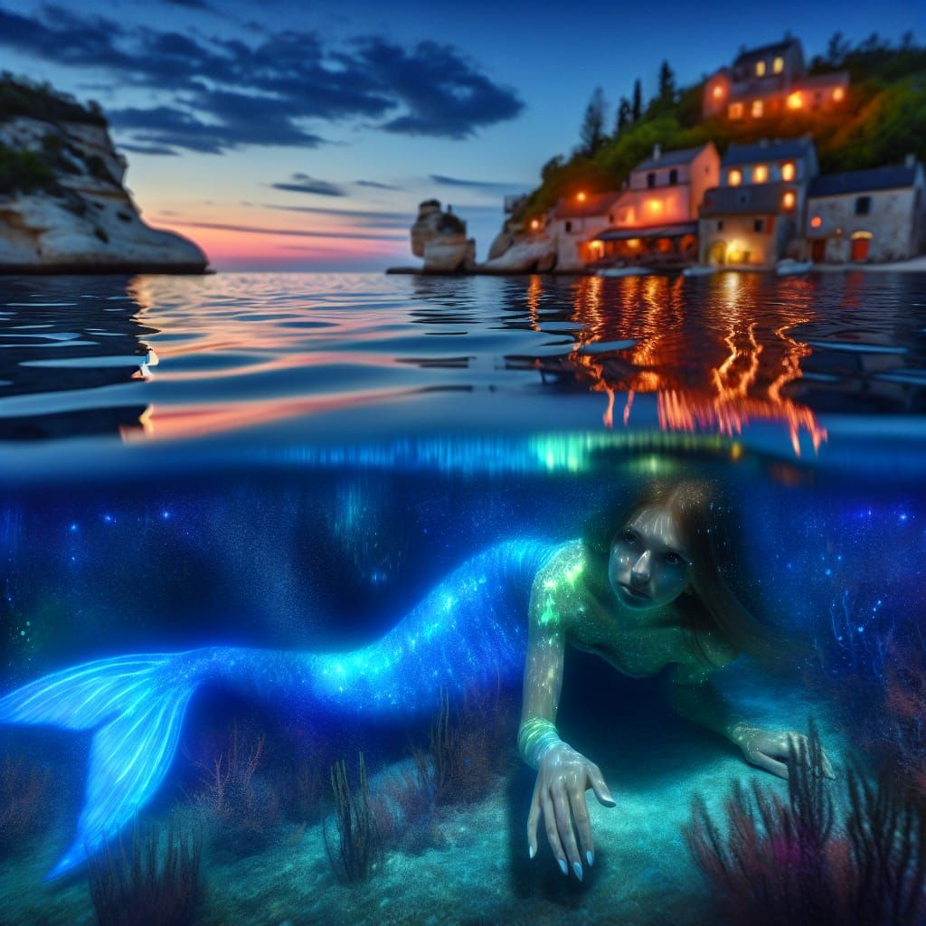 Melancholic Mermaid Gazing at Coastal Village at Sunset