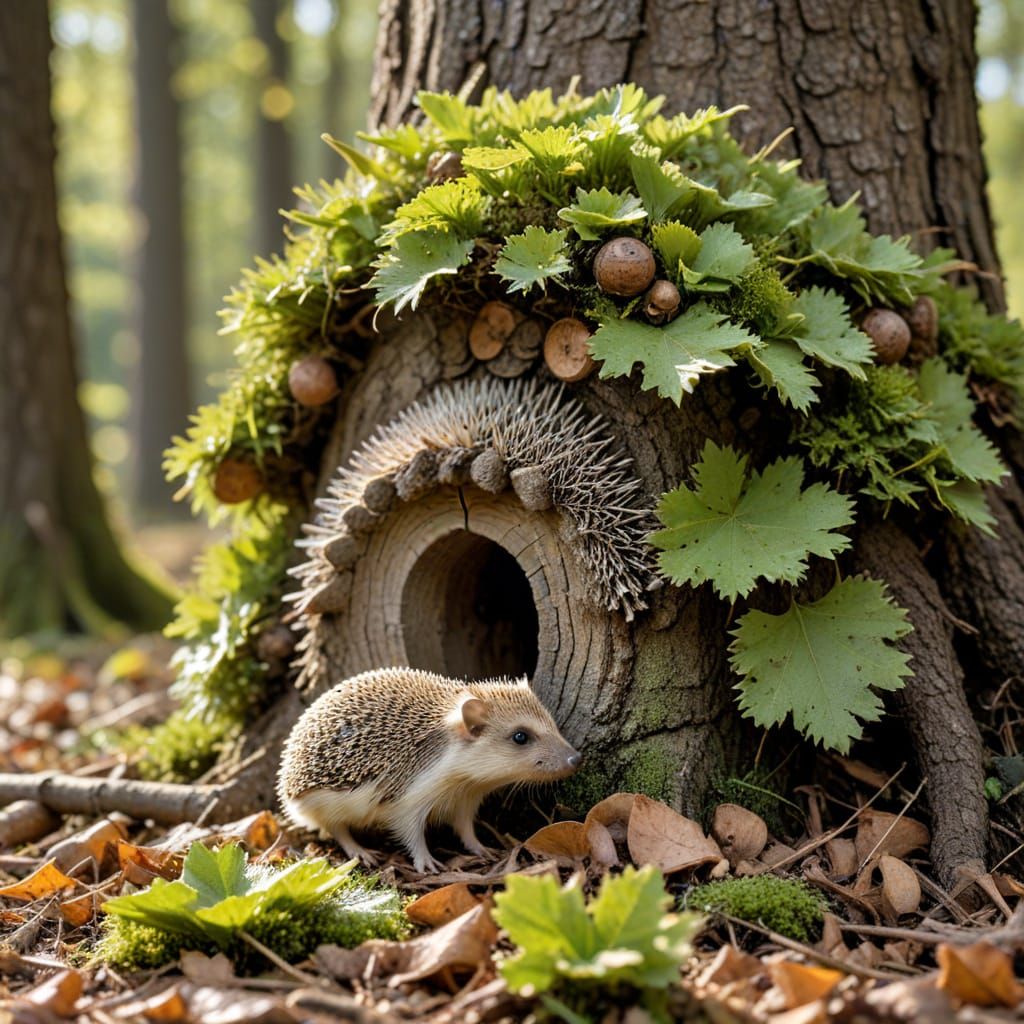 Hedgehog with Mushroom House and Tree