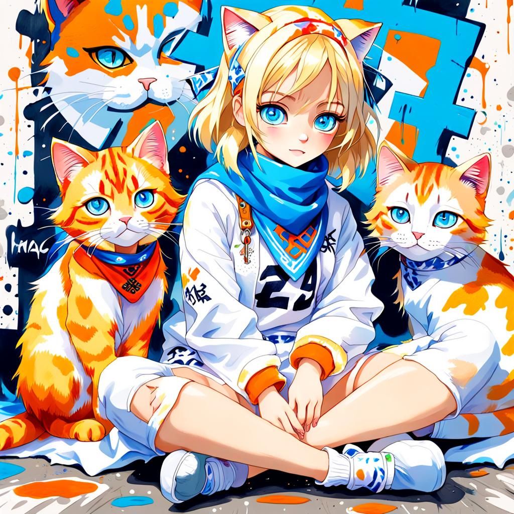 Anime Girl with Cat in Expressionist Style