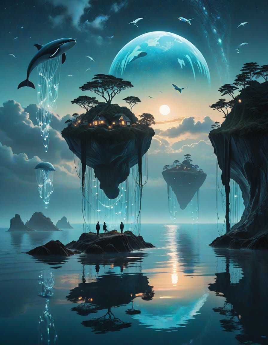 Surreal Whales Drift Through Twilight Sky in Painterly Style