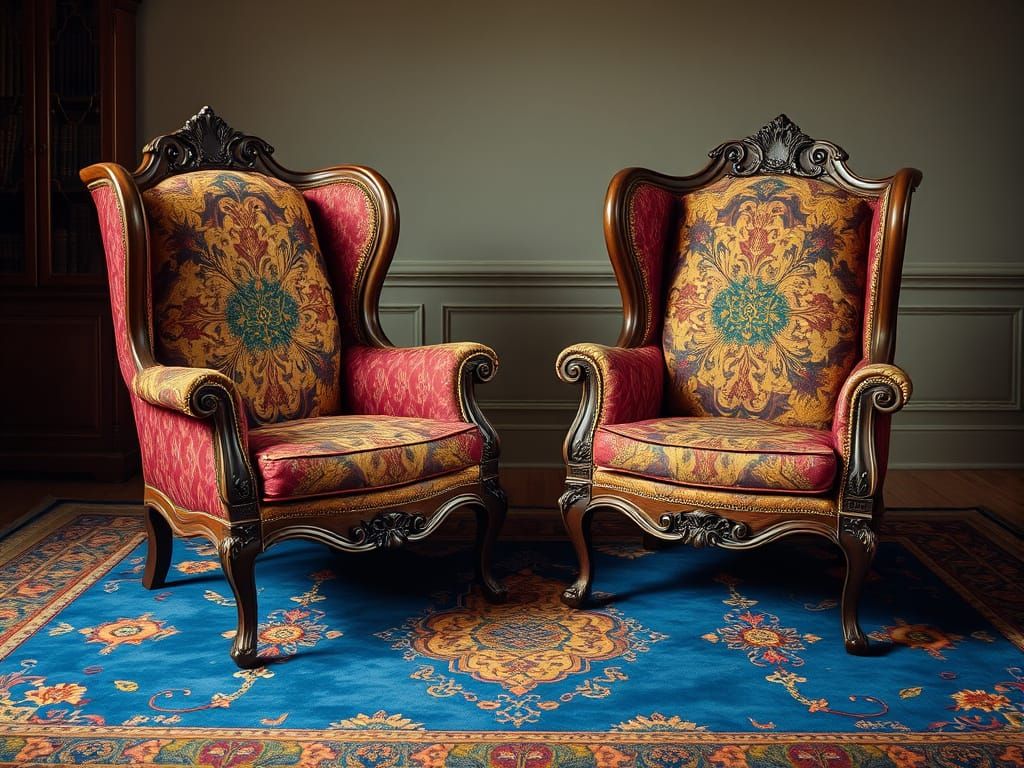 Two Queen Anne wingback chairs on a blue rug