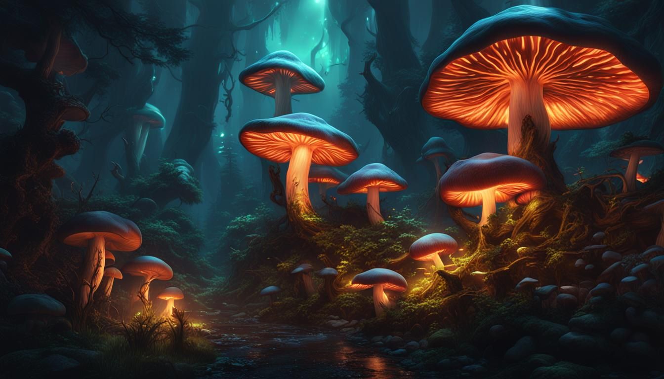 Glowing Mushrooms in Dark Forest: Fantasy Concept Art
