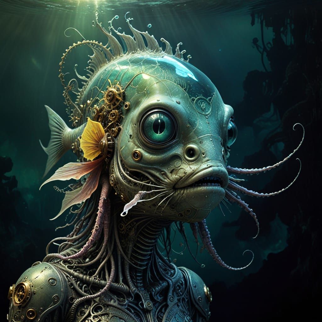 Bioluminescent Fish with Clockwork Gears in Abyss