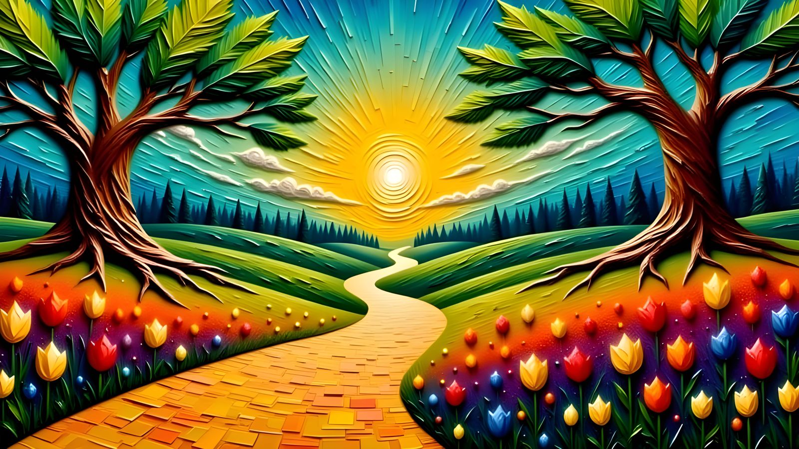 Magical Landscape with Serpentine Road in Impasto Style