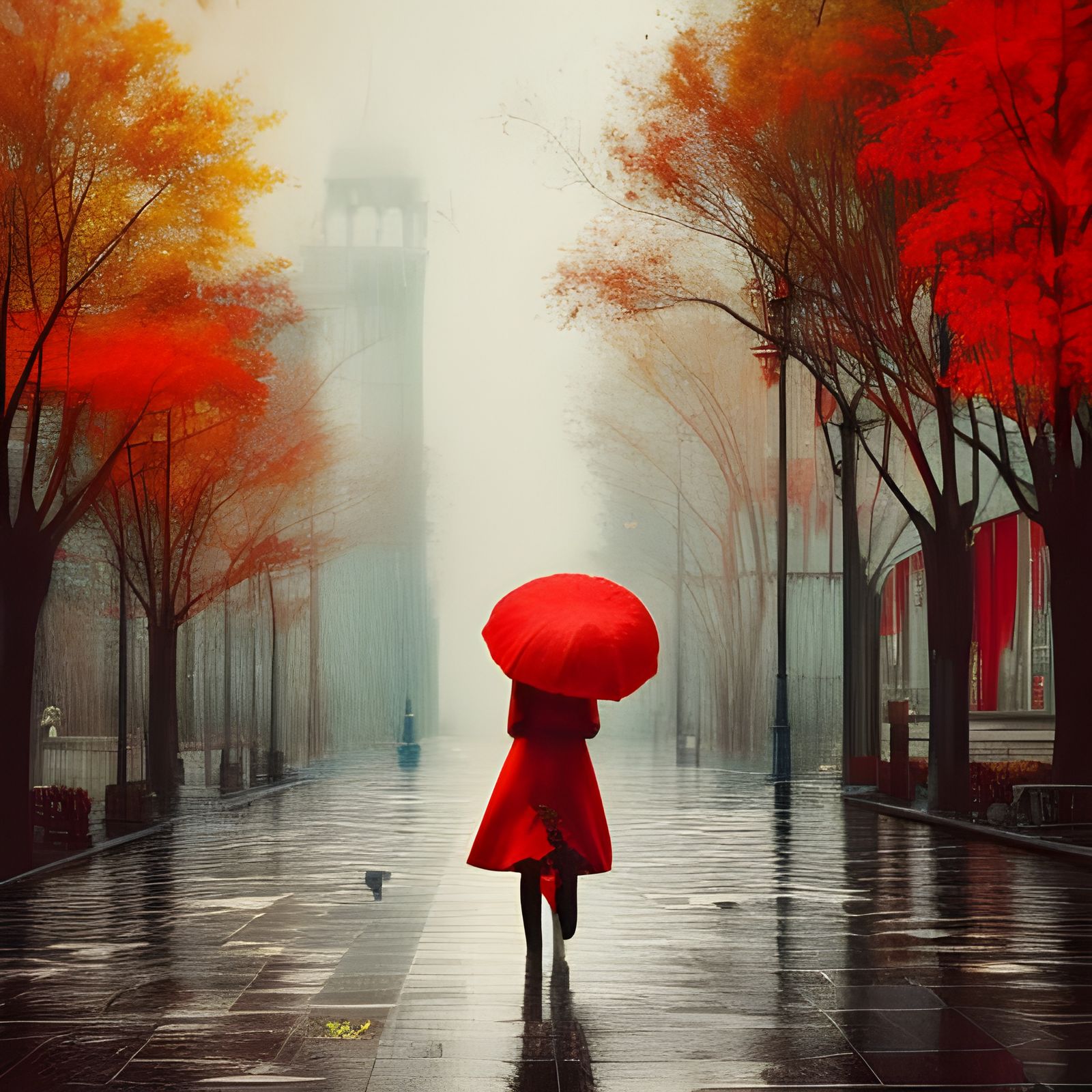 Autumn Girl with Red Umbrella Digital Painting
