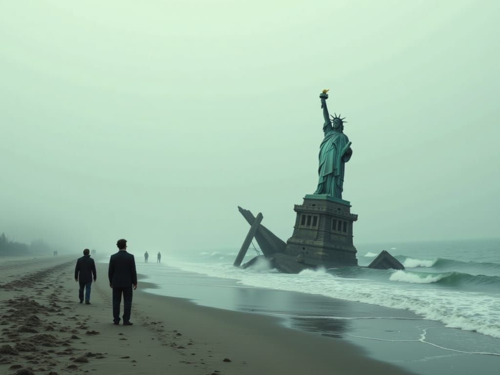 Dystopian Statue of Liberty Sinks in Foggy Ocean
