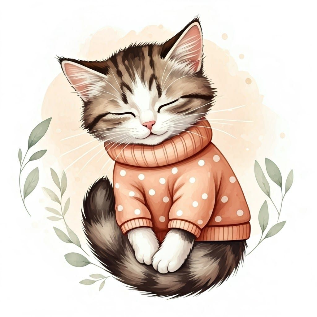Sleeping Cat in Polka Dot Jumper, Watercolor Style
